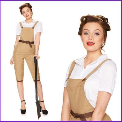 Ladies 1940s Land Girl Costume WW2 Fancy Dress Dungarees Shirt Headband