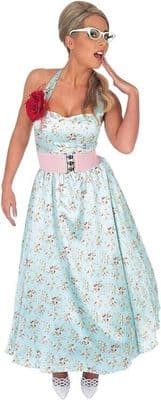 Ladies 1950s Blue Day Dress Costume Vintage Floral Rockabilly Fancy Dress