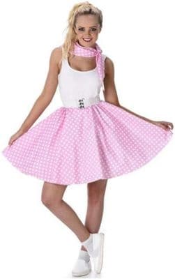 Ladies 1950s Light Pink Polka Dot Skirt & Scarf Rock n Roll Fancy Dress Costume