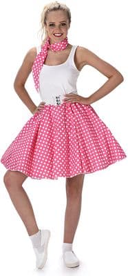Ladies 1950s Pink Polka Dot Skirt & Scarf Rock n Roll Fancy Dress Costume