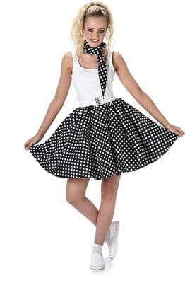 Ladies 1950s Polka Dot Skirt & Scarf Rock N Roll Fancy Dress Costume Set