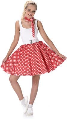 Ladies 1950s Red Polka Dot Skirt & Scarf Rock n Roll Fancy Dress Costume