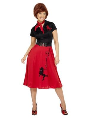 Ladies 1950s Red Poodle Dress Costume Rock n Roll Fancy Dress Outfit Scarf
