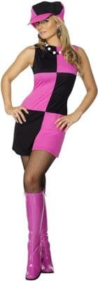 Ladies 1960s Black & Pink Dress Costume Mod Fancy Dress Outfit with Hat