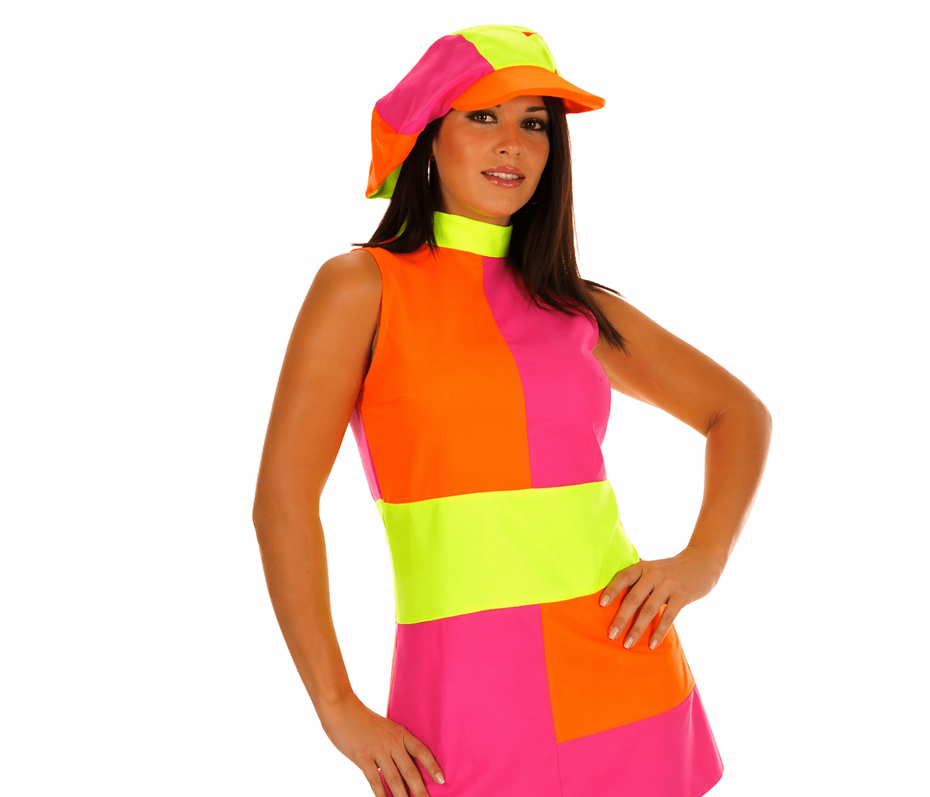 Ladies 1960s Fluorescent Mod Dress & Hat Retro Fancy Dress Costume