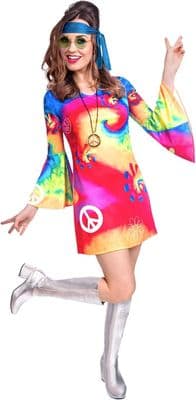 Ladies 1960s Free Spirit Woman Costume Hippie Fancy Dress Retro Outfit