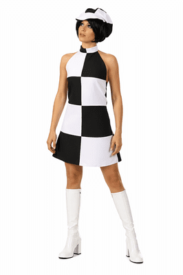 Ladies 1960s Go Go Girl Costume Black White Mod Dress & Hat Fancy Dress