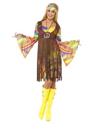 Ladies 1960s Groovy Hippie Costume Dress Waistcoat Headband Fancy Dress