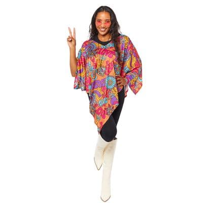 Ladies 1960s Hippy Poncho  Flower Power Festival Fancy Dress Costume