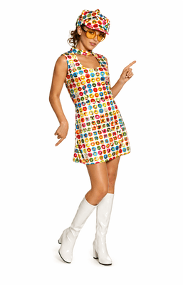 Ladies 1960s Lips Mod Dress & Hat Retro Fancy Dress Costume