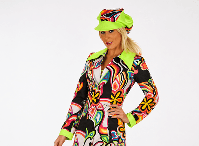 Ladies 1960s Long Sleeve Mod Dress & Hat Retro Fancy Dress Costume