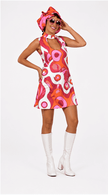 Ladies 1960s Mod Circle Print Dress & Hat Retro Fancy Dress Costume