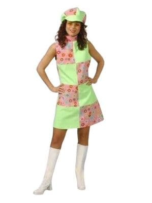 Ladies 1960s Pink Mod Dress & Hat Retro Fancy Dress Costume