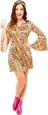 Ladies 1960s Rainbow Hippy Costume Retro Fancy Dress Flower Power Outfit