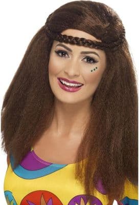 Ladies 1970s and 1980s Hippy Chick Long Brown Afro