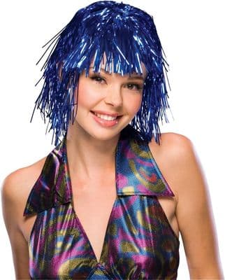 Ladies 1970s Blue Tinsel Wig Disco Fancy Dress Costume Accessory