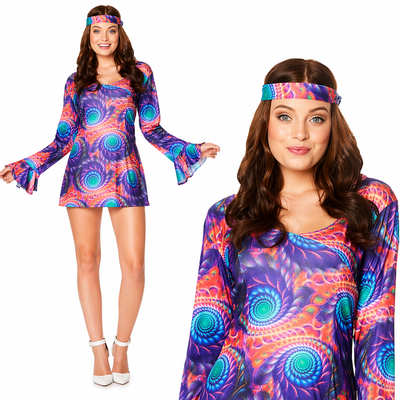 Ladies 1970s Boho Chick Costume Psychedelic Mini Dress Headband 70s Fancy Dress