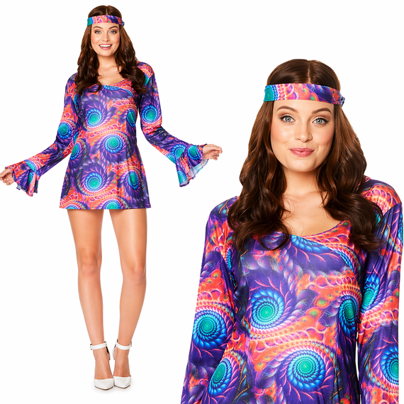 Ladies 1970s Boho Chick Costume Psychedelic Mini Dress Headband 70s Fancy Dress