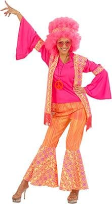 Ladies 1970s Deluxe Pink Hippie Costume Flower Power Flares Outfit 70s Fancy Dress
