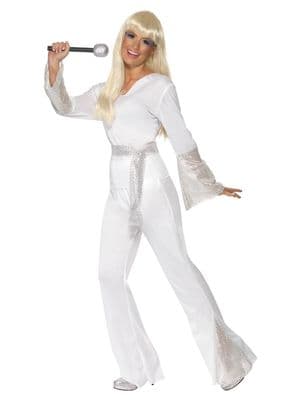 Ladies 1970s Disco Trouser Suit Costume White Retro Fancy Dress Outfit