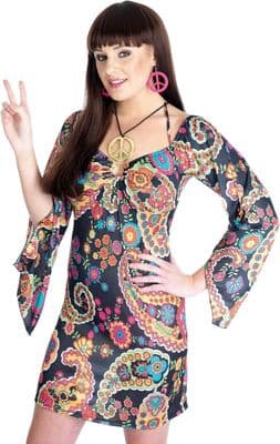 Ladies 1970s Floral Hippie Costume Retro Mini Dress Peace Necklace Fancy Dress