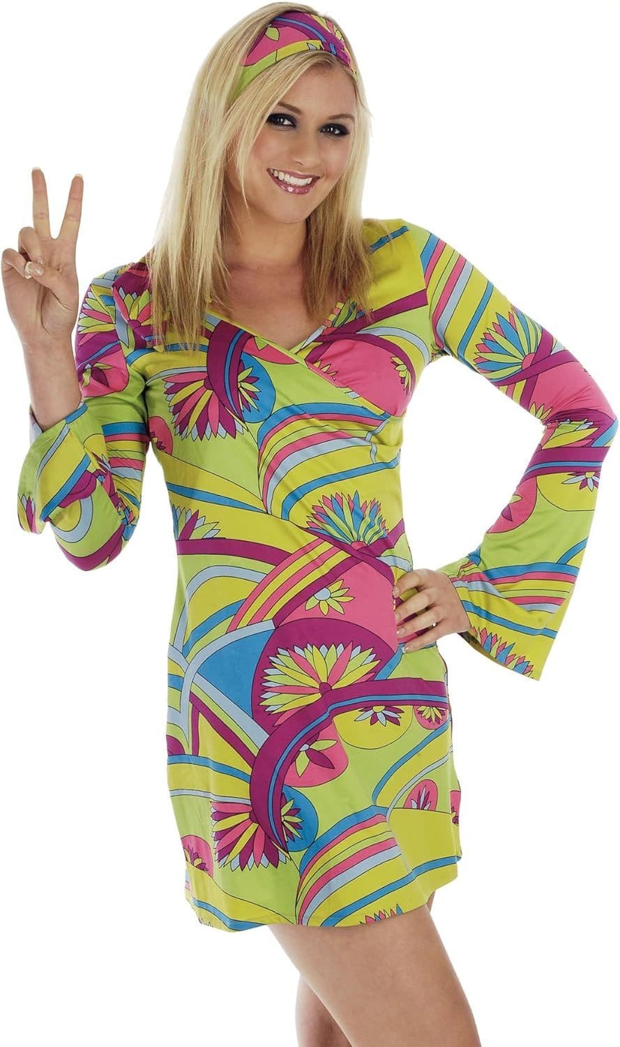Ladies 1970s Hippie Chic Costume Retro Mini Dress Headband 70s Fancy Dress Ladies 1970s Hippie Chic Costume Retro Mini Dress Headband 70s Fancy Dress