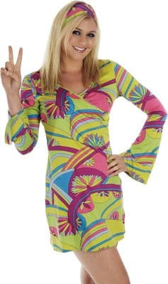 Ladies 1970s Hippie Chic Costume Retro Mini Dress Headband 70s Fancy Dress