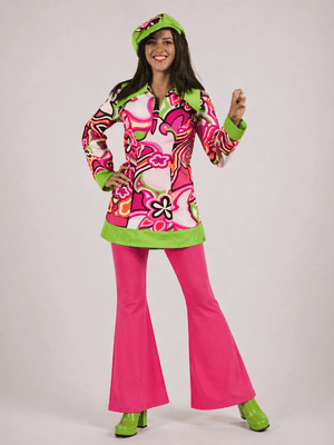 Ladies 1970s Pink Flared Trousers Hippie Retro Fancy Dress Pants