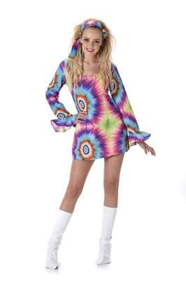 Ladies 1970s Tie Dye Dress Costume Psychedelic Mini 70s Fancy Dress Outfit