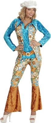 Ladies 1970s Velvet Hippie Costume Blue Flares Outfit Flower Power Fancy Dress