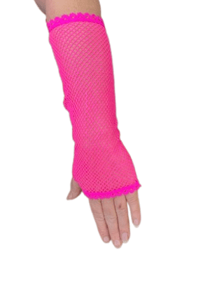Ladies 1980s Fluorescent Pink Fishnet Fingerless Gloves 12 Pack