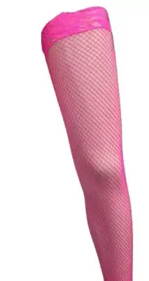 Ladies 1980s Neon Pink Lace Top Hold Up Fishnet Stockings