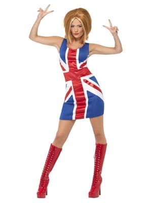 Ladies 1990s Union Jack Dress Ginger Pop Star Fancy Dress Costume Womens
