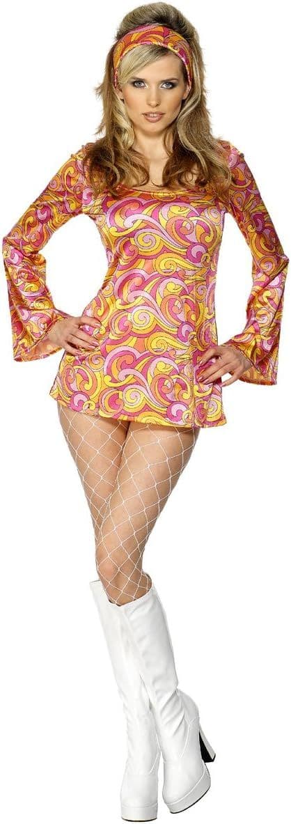Ladies 60s 70s Psychedelic Dress Retro Fancy Dress Costume Headband