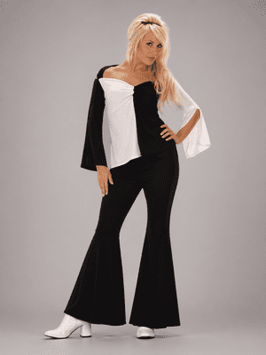 Ladies 60s 70s Retro Flares Costume Set Black White Hippie Disco Fancy Dress