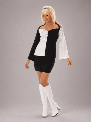 Ladies 60s 70s Retro Mini Skirt & Top Set Black White Mod Fancy Dress Costume