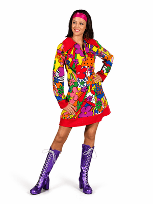 Ladies 60s 70s Woodstock Hippie Dress Costume Red Floral Retro Mini Fancy Dress
