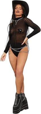 Ladies Black Long Sleeve Striped Bodysuit