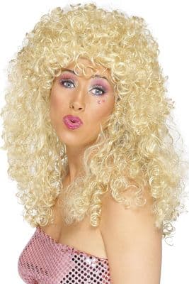 Ladies Blonde 80s Curly Wig Disco Pop Star Fancy Dress Costume Accessory