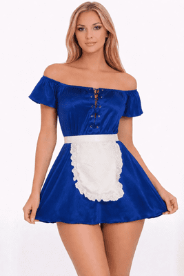 Ladies Budget Off The Shoulder Maid Costume  Blue Lace-Up Mini Dress with Apron