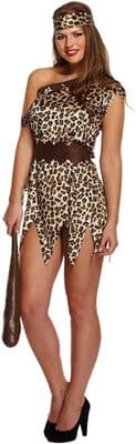 Ladies Cavewoman Costume Leopard Print Fancy Dress Stone Age Halloween Outfit