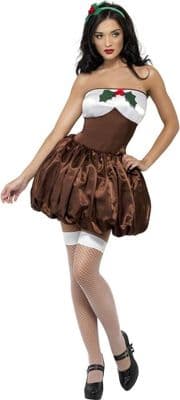 Ladies Christmas Pudding Costume Sexy Xmas Pud Dress Headband Fancy Dress