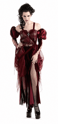 Ladies Cruelzella Costume Gothic Halloween Fancy Dress Red Black Evil Queen Outfit