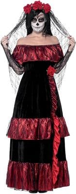 Ladies Day of the Dead Bride Costume Gothic Black Red Dress Halloween Fancy Dress