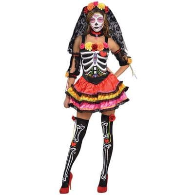 Ladies Day of the Dead Senorita Costume Dress Veil Thigh Highs Halloween Fancy Dress
