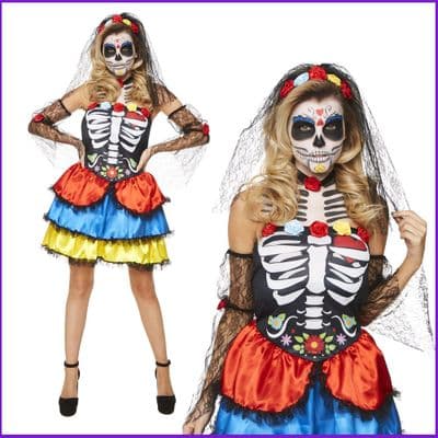 Ladies Day of the Dead Senorita Costume Skeleton Dress Halloween Fancy Dress Outfit
