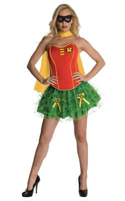 Ladies DC Robin Costume Corset Tutu Cape Mask Superhero Fancy Dress Outfit