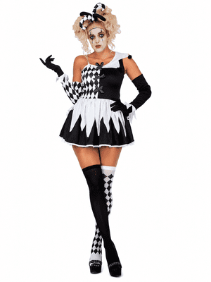 Ladies Evil Harlequin Costume Halloween Clown Fancy Dress Outfit