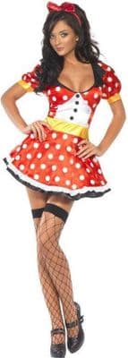 Ladies Fever Miss Mouse Costume Womens Mouse Fancy Dress Polka Dot Dress Bow