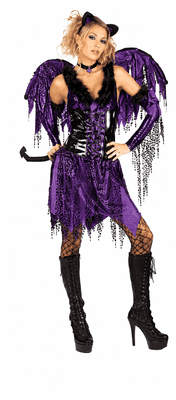 Ladies Goth Kitty Fairy Costume Adult Fancy Dress with Wings UK 10-12